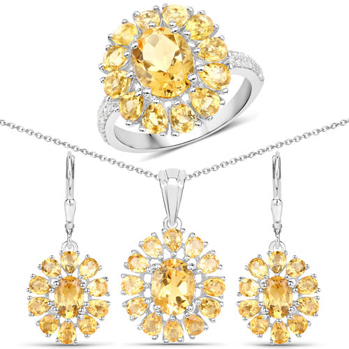 12.24 Carat Genuine Citrine and White Topaz .925 Sterling Silver 3 Piece Jewelry Set (Ring, Earrings, and Pendant w/ Chain)