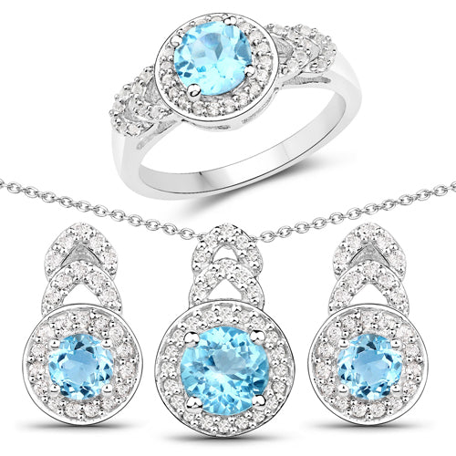 3.24 Carat Genuine Blue Topaz and White Topaz .925 Sterling Silver Jewelry Set