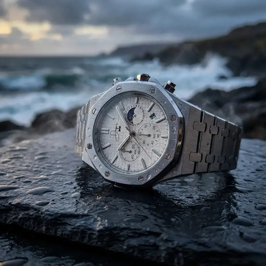 Silver Stainless Steel Watch – ChronoLunar White Dial by Dapper Watches