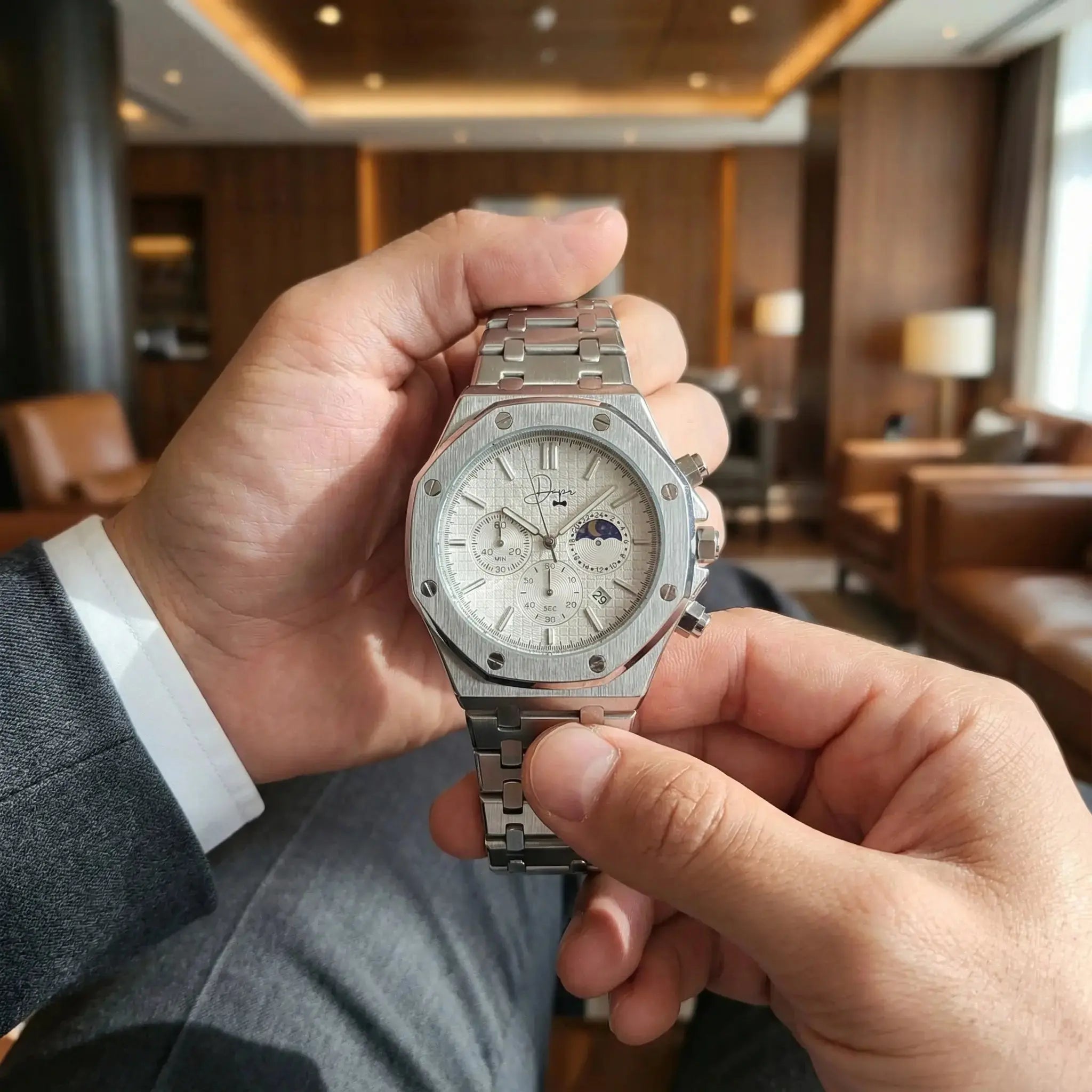 Silver Stainless Steel Watch – ChronoLunar White Dial by Dapper Watches